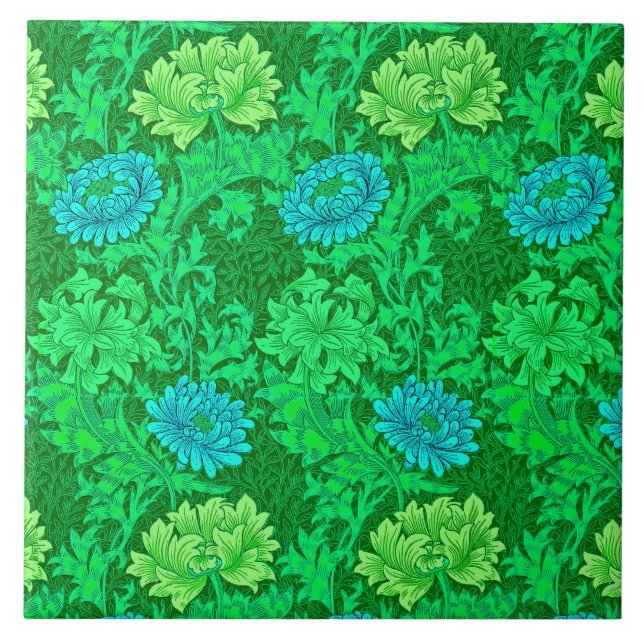 Azulejo De Cerâmica Art Nouveau Chrysanthemums, Verde limão & Aqua (Frente)