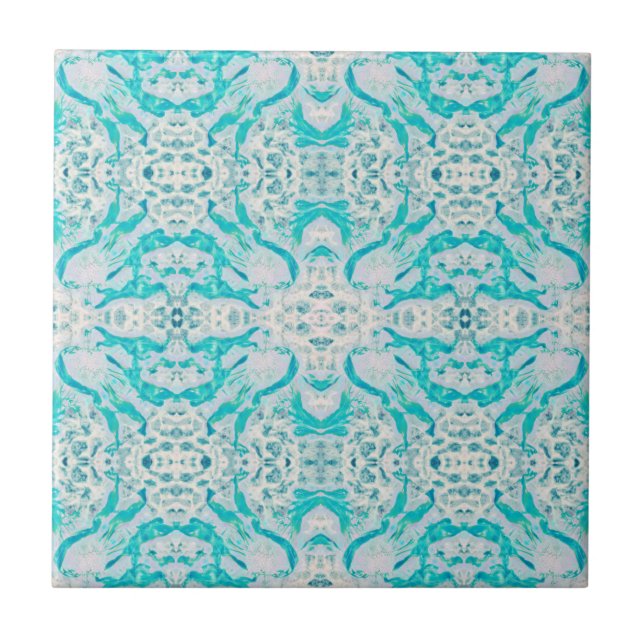 Azulejo De Cerâmica Art Nouveau Coração Branca Teal Padrão Espelhado (Frente)