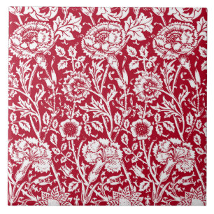 Azulejo De Cerâmica Art Nouveau Cravo Damask, Vermelho e Branco