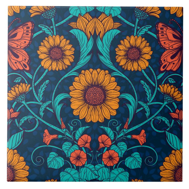 Azulejo De Cerâmica Art Nouveau daisie em azul e amarelo (Frente)