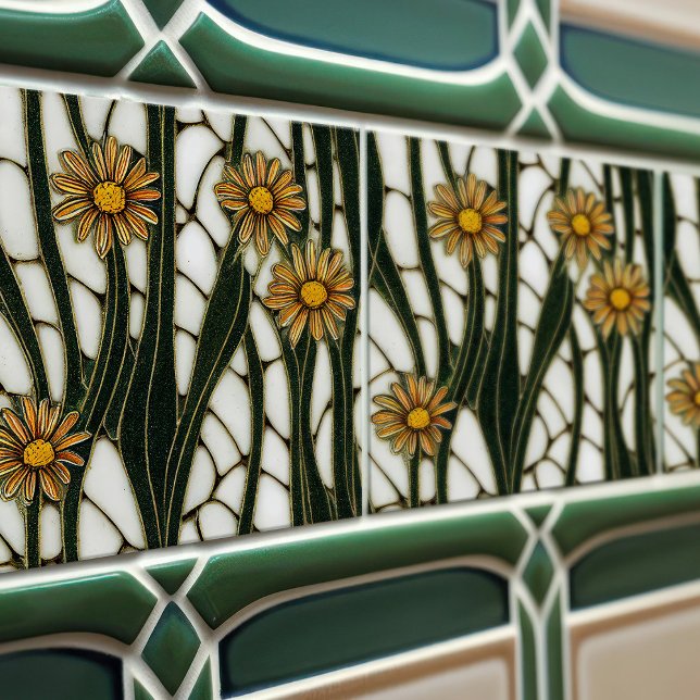 Azulejo De Cerâmica Art Nouveau Daisies Flores brancas e sem costura (Criador carregado)