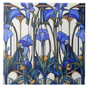 Azulejo De Cerâmica Art Nouveau Deco Flor Azul e Branco Íris Floral