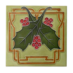 Azulejo De Cerâmica Art Nouveau Deco Holly Berries Natal Repro