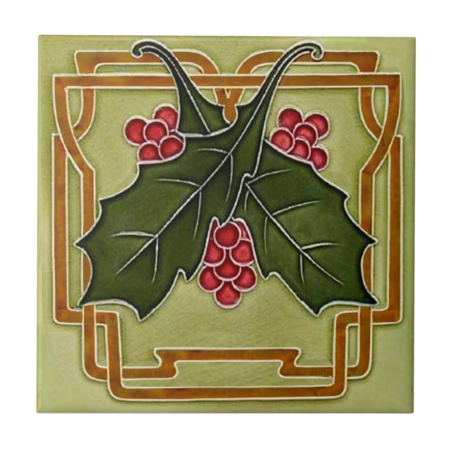Azulejo De Cerâmica Art Nouveau Deco Holly Berries Natal Repro (Frente)
