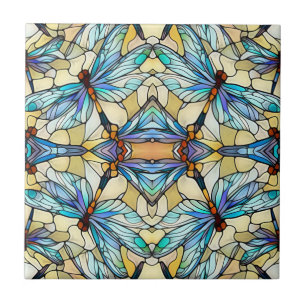 Azulejo De Cerâmica Art Nouveau Dragonfly Colorida Faux Vidro Estido