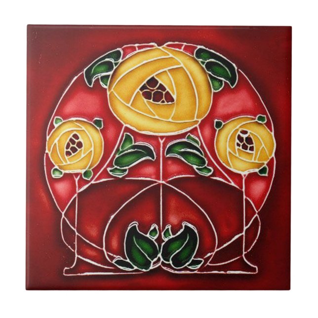 Azulejo De Cerâmica Art Nouveau Estilo Amarelo e Vermelho Cerâmica (Frente)
