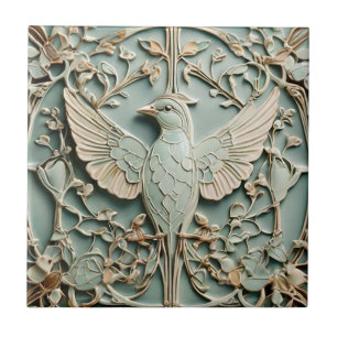 Azulejo De Cerâmica Art Nouveau Faux Alivio Bird Pastel Mint