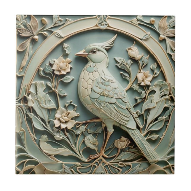 Azulejo De Cerâmica Art Nouveau Faux Alivio Bird Rico Floral (Frente)
