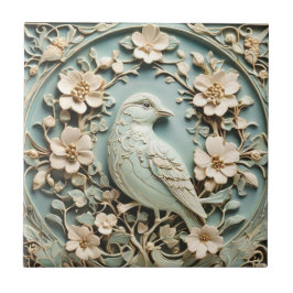 Azulejo De Cerâmica Art Nouveau Faux Alivio Bird & Spring Flowers Mint