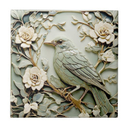 Azulejo De Cerâmica Art Nouveau Faux Alivio Blackbird Bird Pastel Mint