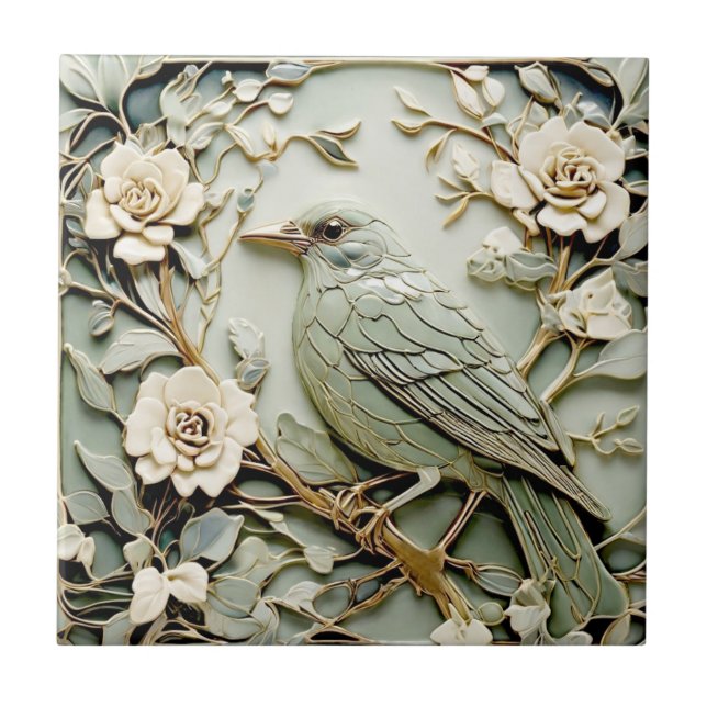 Azulejo De Cerâmica Art Nouveau Faux Alivio Blackbird Bird Pastel Mint (Frente)