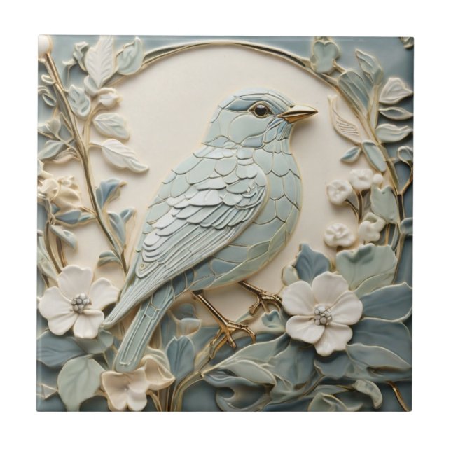 Azulejo De Cerâmica Art Nouveau Faux Alivio Bluebird Bird Direita (Frente)