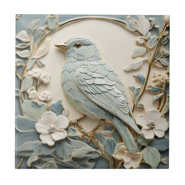 Azulejo De Cerâmica Art Nouveau Faux Alivio Bluebird Bird Mint Esquerd (Frente)