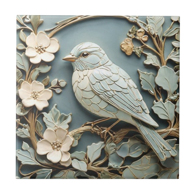 Azulejo De Cerâmica Art Nouveau Faux Alivio Bluebird Pássaro Virado pa (Frente)