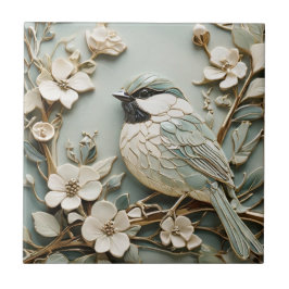 Azulejo De Cerâmica Art Nouveau Faux Alivio Chickadee Bird Mint Floral