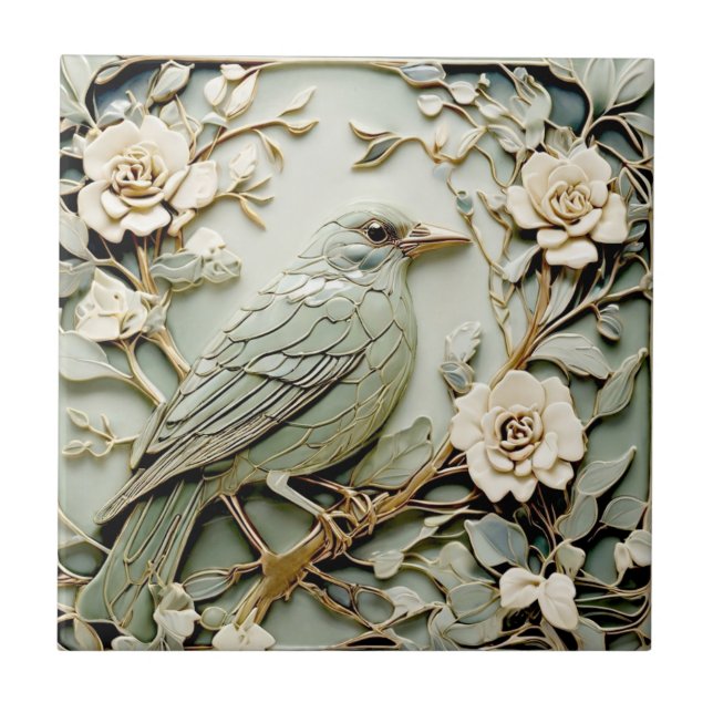 Azulejo De Cerâmica Art Nouveau Faux Alivio Direito Blackbird Mint (Frente)
