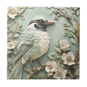 Azulejo De Cerâmica Art Nouveau Faux Alivio Direito Magpie Bird Mint