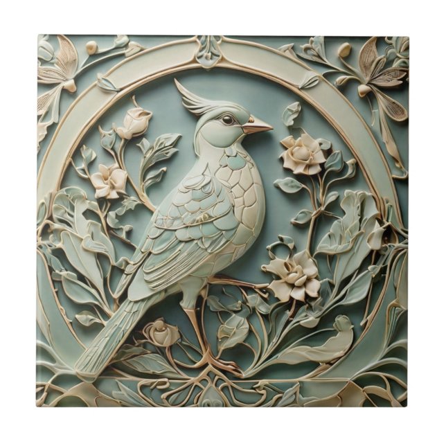Azulejo De Cerâmica Art Nouveau Faux Alivio Direito Rico de aves Flora (Frente)