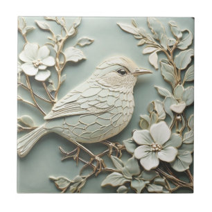 Azulejo De Cerâmica Art Nouveau Faux Alivio Direito Wren Bird Mint