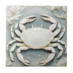 Azulejo De Cerâmica Art Nouveau Faux Alivio Dusty Blue Ocean Caranguej