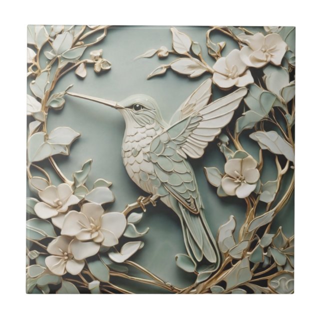 Azulejo De Cerâmica Art Nouveau Faux Alivio Esquerdo Hummingbird Bird  (Frente)