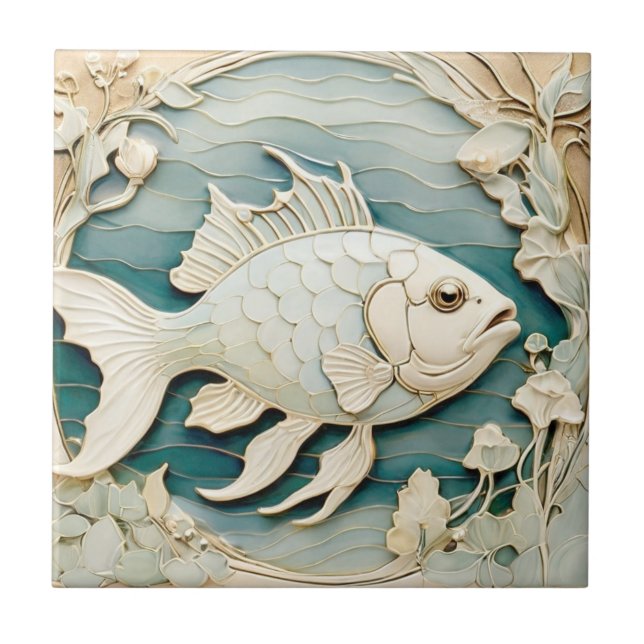 Azulejo De Cerâmica Art Nouveau Faux Alivio Fish Sea  Direito Náutico (Frente)