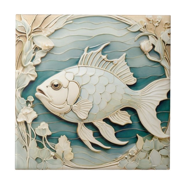 Azulejo De Cerâmica Art Nouveau Faux Alivio Fish Sea Ocean Náutico (Frente)