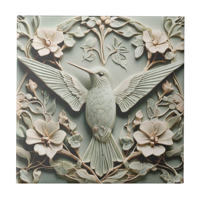 Azulejo De Cerâmica Art Nouveau Faux Alivio Hummingbird Bird Floral (Frente)