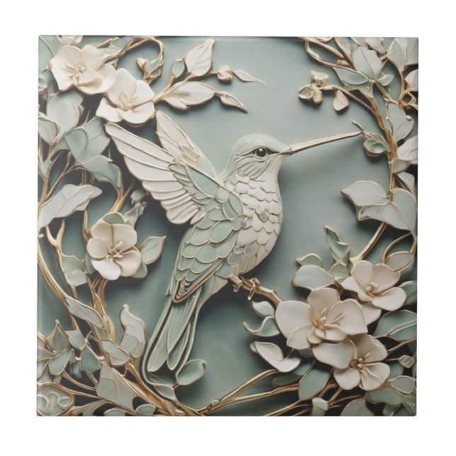 Azulejo De Cerâmica Art Nouveau Faux Alivio Hummingbird Bird Mint (Frente)