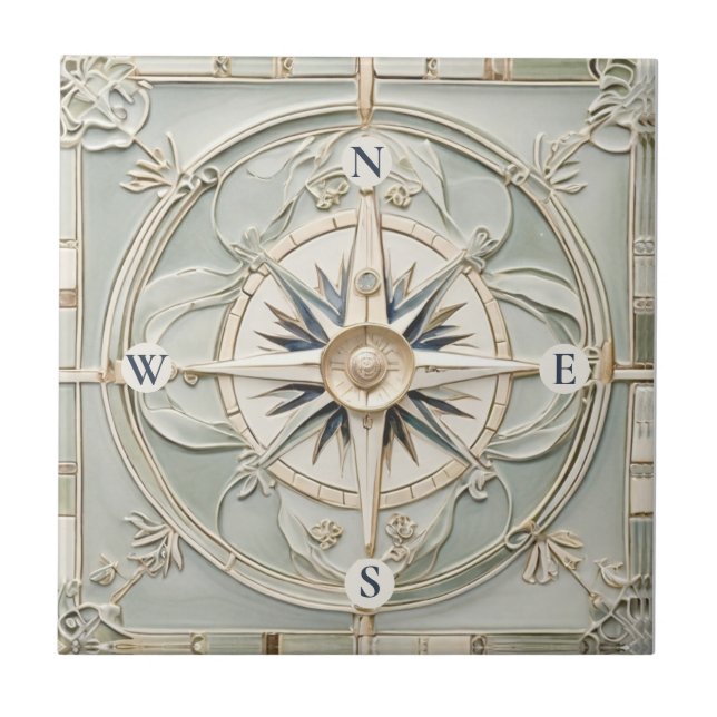 Azulejo De Cerâmica Art Nouveau Faux Alivio Náutico Compass Rosa (Frente)