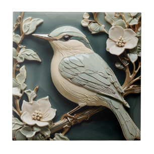 Azulejo De Cerâmica Art Nouveau Faux Alivio Nuthatch Bird L Turquoise