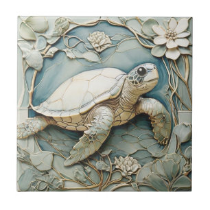 Azulejo De Cerâmica Art Nouveau Faux Alivio Ocean Turtle Direita