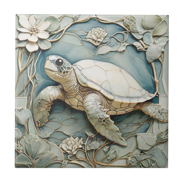 Azulejo De Cerâmica Art Nouveau Faux Alivio Ocean Turtle Esquerda (Frente)
