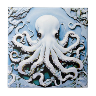 Azulejo De Cerâmica Art Nouveau Faux Alivio Octopus - Azul e Branco