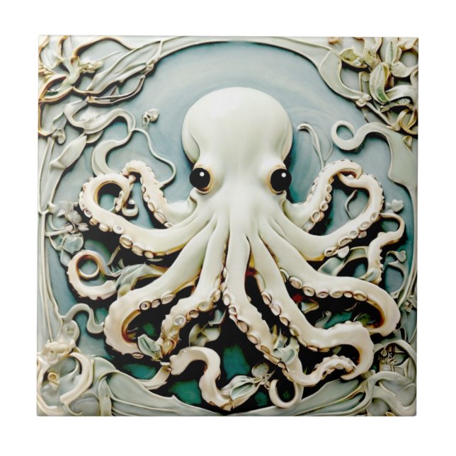 Azulejo De Cerâmica Art Nouveau Faux Alivio Octopus - Vida no Mar do O (Frente)