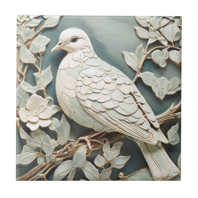 Azulejo De Cerâmica Art Nouveau Faux Alivio Pigeon Dove Bird Mint (Frente)