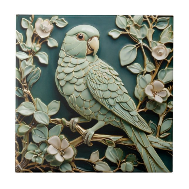 Azulejo De Cerâmica Art Nouveau Faux Alivio R Parakeet Bird Teal Green (Frente)