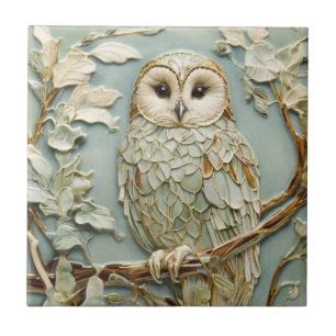 Azulejo De Cerâmica Art Nouveau Faux Alivio Tawny Owl Bird Pastel Mint