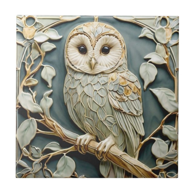 Azulejo De Cerâmica Art Nouveau Faux Alivio Tawny Owl Woodland Bird (Frente)