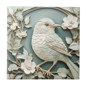 Azulejo De Cerâmica Art Nouveau Faux Alivio Wren Bird Mint