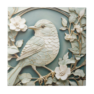 Azulejo De Cerâmica Art Nouveau Faux Alivio Wren Bird Virado à Esquerd