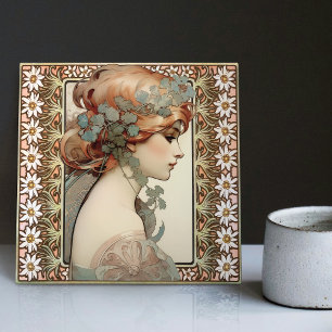 Azulejo De Cerâmica Art Nouveau Female Retrato Mucha Edelweiss Flor