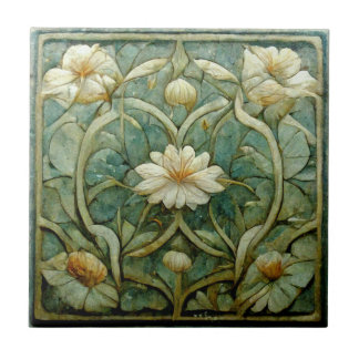 Azulejo De Cerâmica Art Nouveau, Floral Branco Francês, Azul Decorativ