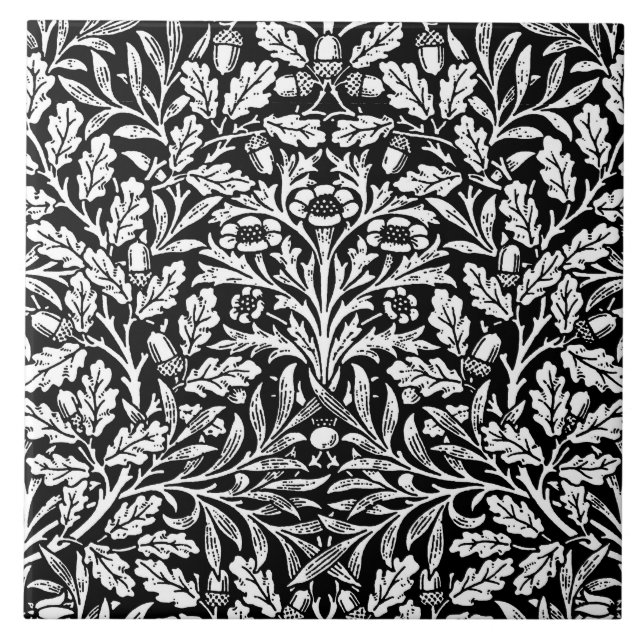 Azulejo De Cerâmica Art Nouveau Floral Damask, Black and White (Frente)