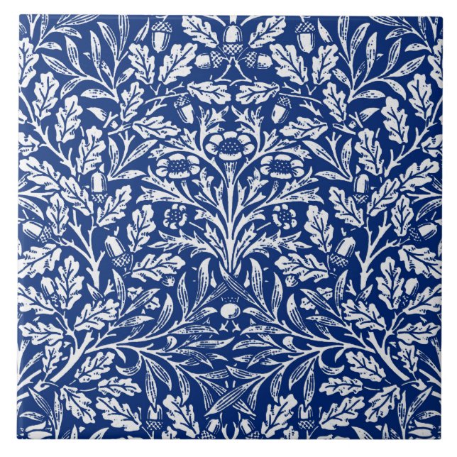 Azulejo De Cerâmica Art Nouveau Floral Damask, Cobalt Blue e White  (Frente)