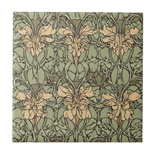 Azulejo De Cerâmica Art Nouveau Floral Damask Green, Beige Abstrato