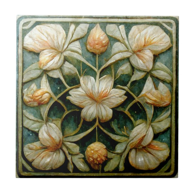 Azulejo De Cerâmica Art Nouveau Flores Brancas, Fundo Azul francês (Frente)