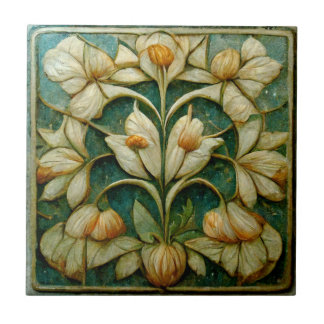 Azulejo De Cerâmica Art Nouveau Flores Brancas, Fundo Azul-Verde