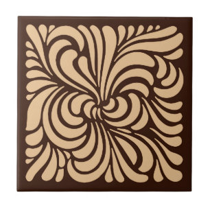 Azulejo De Cerâmica Art Nouveau Folhas Estilizadas, Tan e Brown Escuro