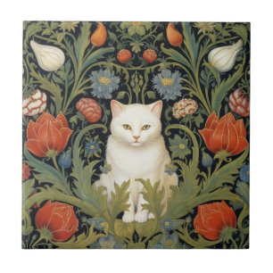 Azulejo De Cerâmica Art nouveau, gato branco no jardim